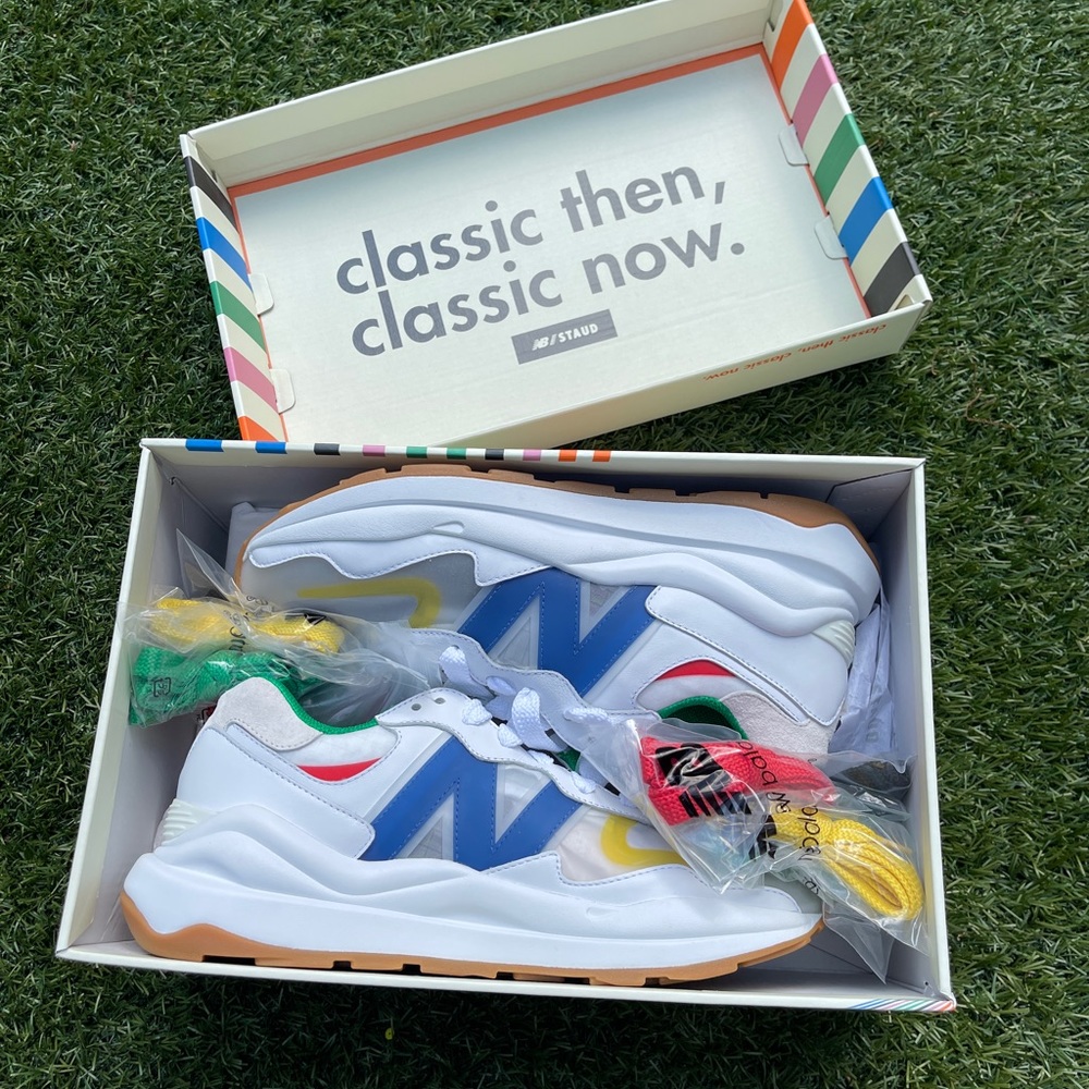 New Balance White Blue Multi-Color Athletic Sneakers